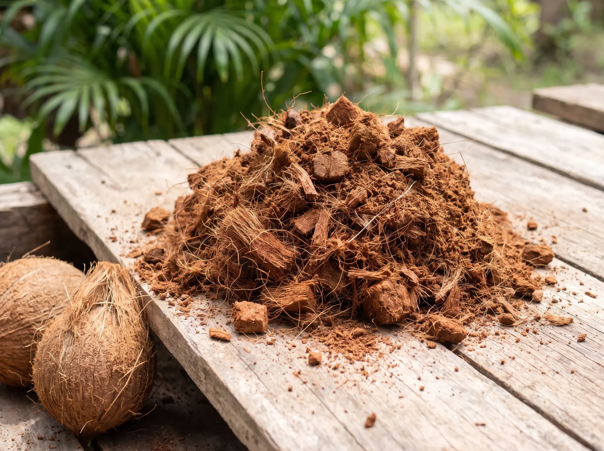 Stapel cocos-dust met kokosnoten op een houten tafel