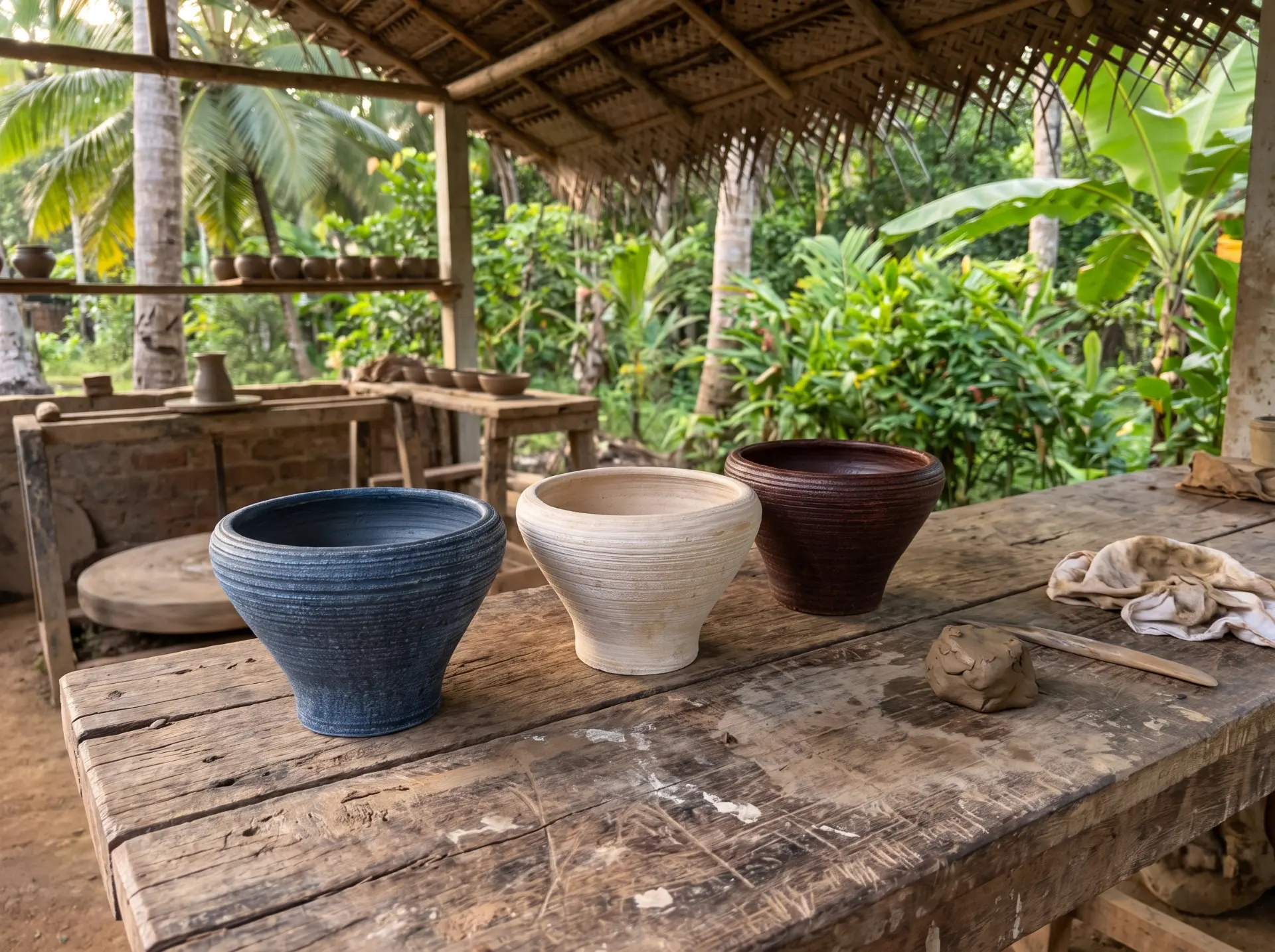 Handgedraaide aardewerken potten op een werktafel in Sri Lanka