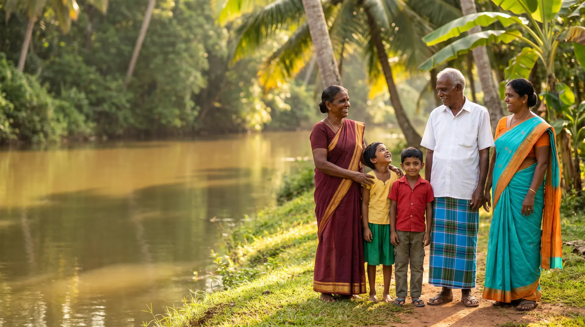 Familie in Sri Lanka, samen langs de rivier